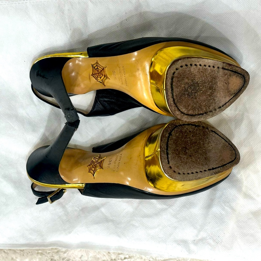 Black Leather DOLLY Gold Platform Slingback Pumps - Picture 7 of 11